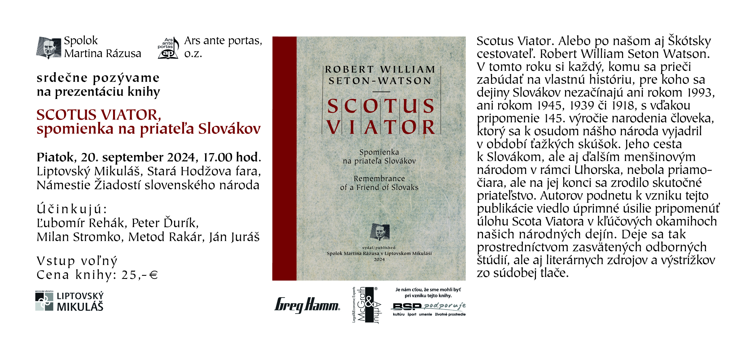 Prezentacia Knihy Scotus Viator LM 20.9.2024